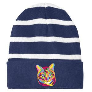 Colorful Cute Kitten Face Striped Beanie with Solid Band