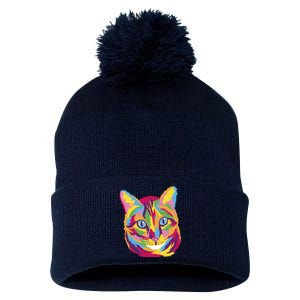 Colorful Cute Kitten Face Pom Pom 12in Knit Beanie