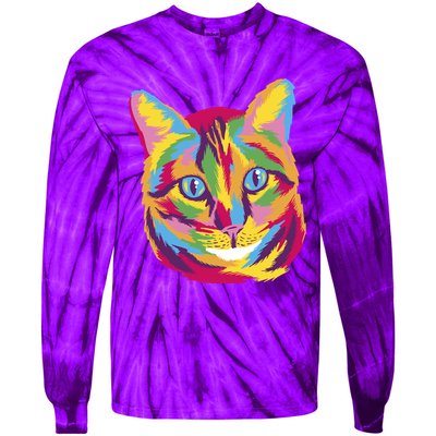 Colorful Cute Kitten Face Tie-Dye Long Sleeve Shirt