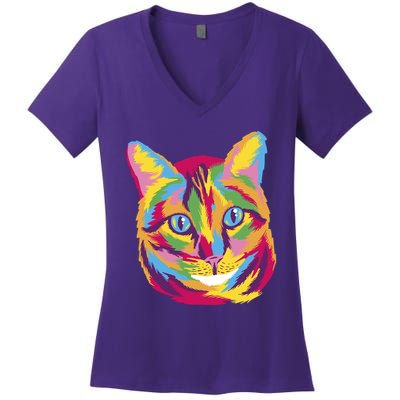 Colorful Cute Kitten Face Women's V-Neck T-Shirt