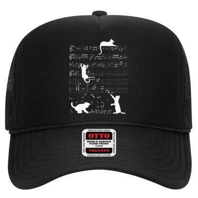 Cute Cat Kitty Playing Music Clef Piano Musician Art High Crown Mesh Back Trucker Hat