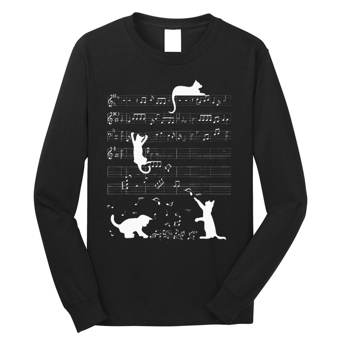 Cute Cat Kitty Playing Music Clef Piano Musician Art Long Sleeve Shirt