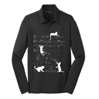 Cute Cat Kitty Playing Music Clef Piano Musician Art Silk Touch Performance Long Sleeve Polo