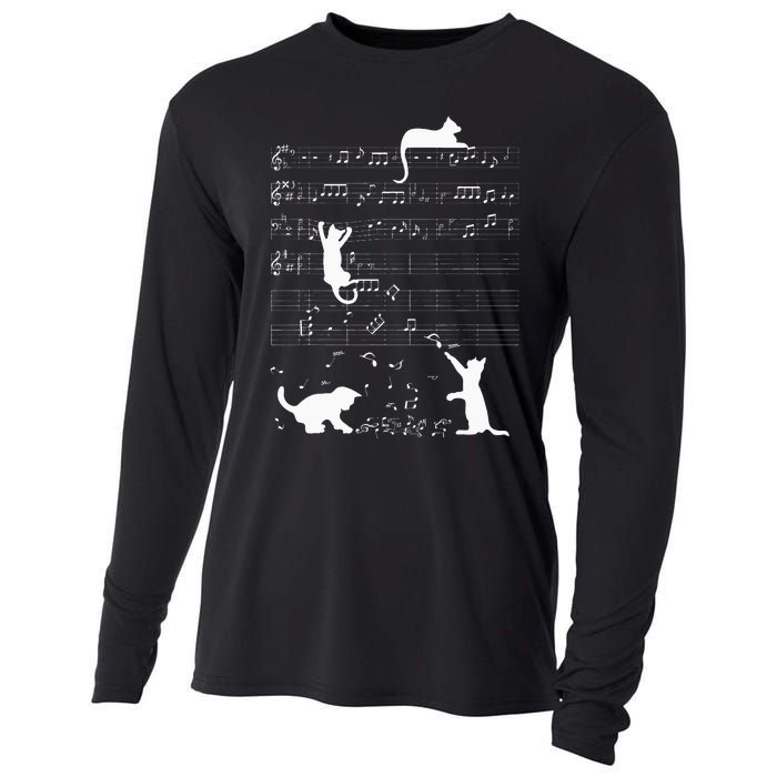 Cute Cat Kitty Playing Music Clef Piano Musician Art Cooling Performance Long Sleeve Crew