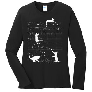 Cute Cat Kitty Playing Music Clef Piano Musician Art Ladies Long Sleeve Shirt