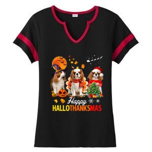 Cute Cavalier King Charles Happy Hallothanksmas Thanksgiving Ladies Halftime Notch Neck Tee