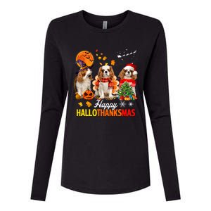 Cute Cavalier King Charles Happy Hallothanksmas Thanksgiving Womens Cotton Relaxed Long Sleeve T-Shirt