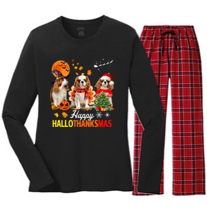 Cute Cavalier King Charles Happy Hallothanksmas Thanksgiving Women's Long Sleeve Flannel Pajama Set 