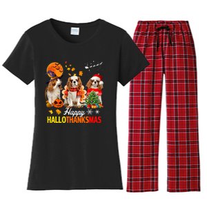 Cute Cavalier King Charles Happy Hallothanksmas Thanksgiving Women's Flannel Pajama Set