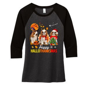 Cute Cavalier King Charles Happy Hallothanksmas Thanksgiving Women's Tri-Blend 3/4-Sleeve Raglan Shirt