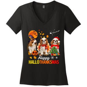 Cute Cavalier King Charles Happy Hallothanksmas Thanksgiving Women's V-Neck T-Shirt