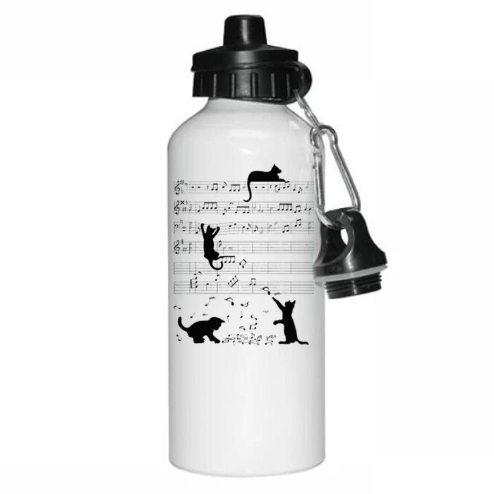 Cute Cat Kitty Playing Music Note Clef Musician Art Aluminum Water Bottle