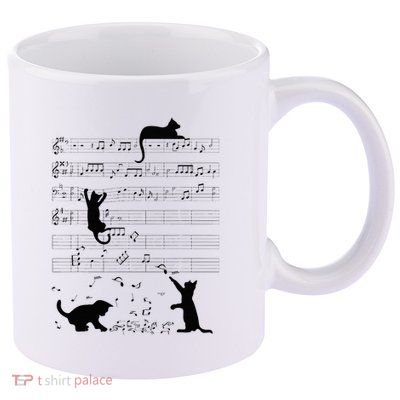 Cute Cat Kitty Playing Music Note Clef Musician Art 11oz C Handle Ceramic Mug