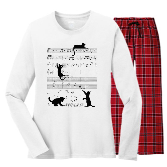 Cute Cat Kitty Playing Music Note Clef Musician Art Women's Long Sleeve Flannel Pajama Set 