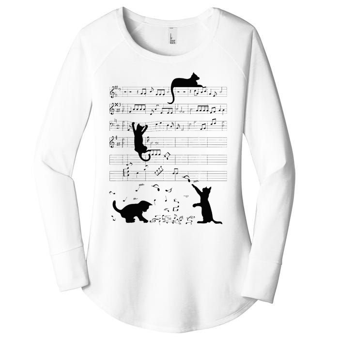 Cute Cat Kitty Playing Music Note Clef Musician Art Women's Perfect Tri Tunic Long Sleeve Shirt