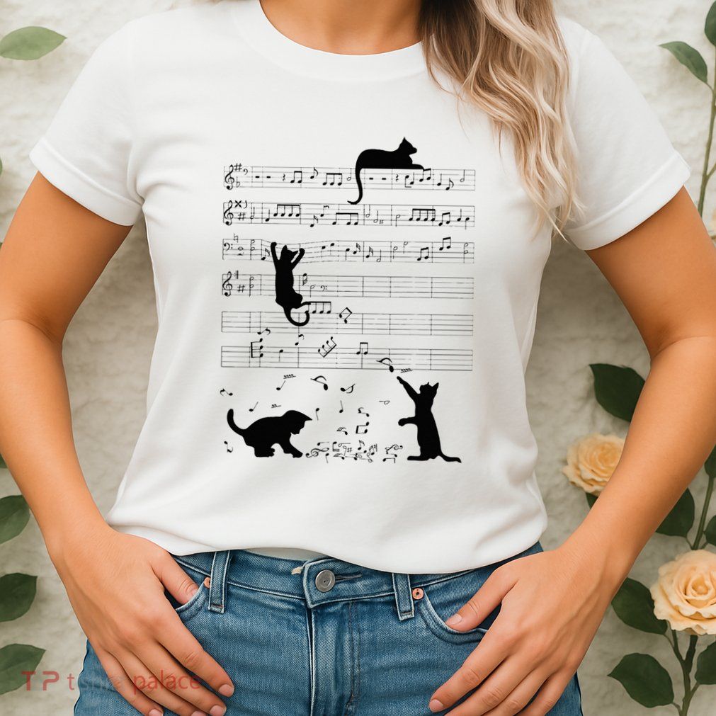Cute Cat Kitty Playing Music Note Clef Musician Art Womens T-Shirt