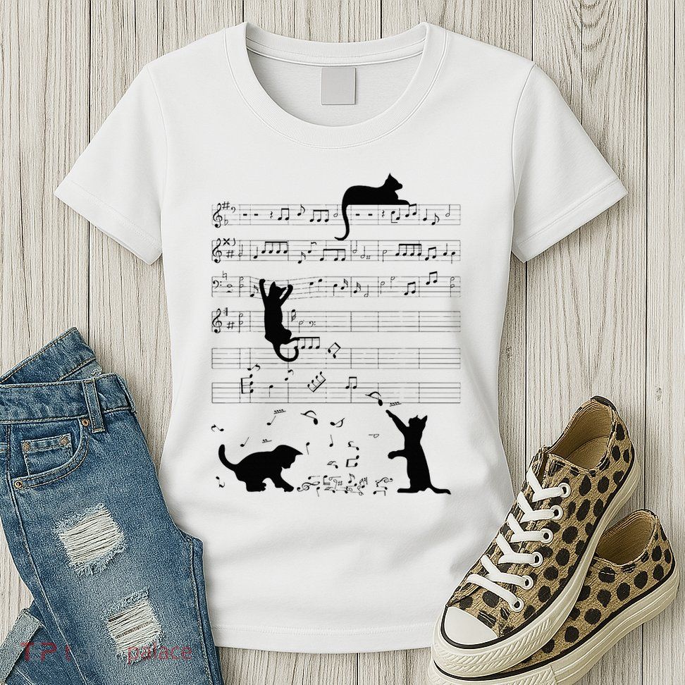 Cute Cat Kitty Playing Music Note Clef Musician Art Womens T-Shirt