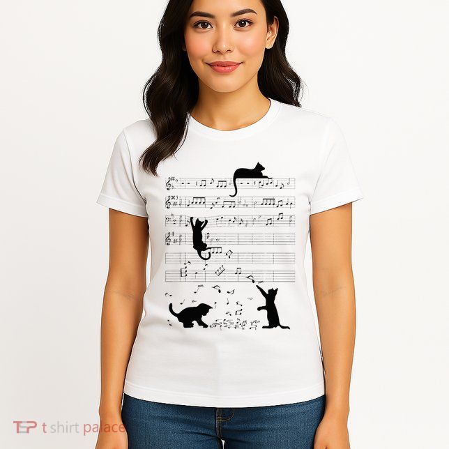 Cute Cat Kitty Playing Music Note Clef Musician Art Womens T-Shirt