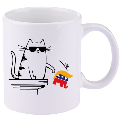 Cool Cat Knock Over Trump Elephant Hair 2024 Harris Walz 11oz C Handle Ceramic Mug