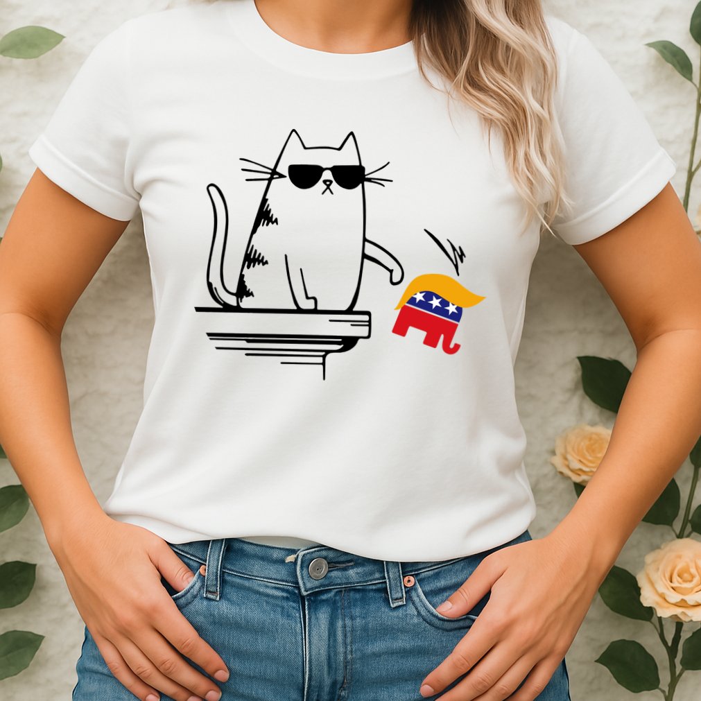 Cool Cat Knock Over Trump Elephant Hair 2024 Harris Walz Womens T-Shirt
