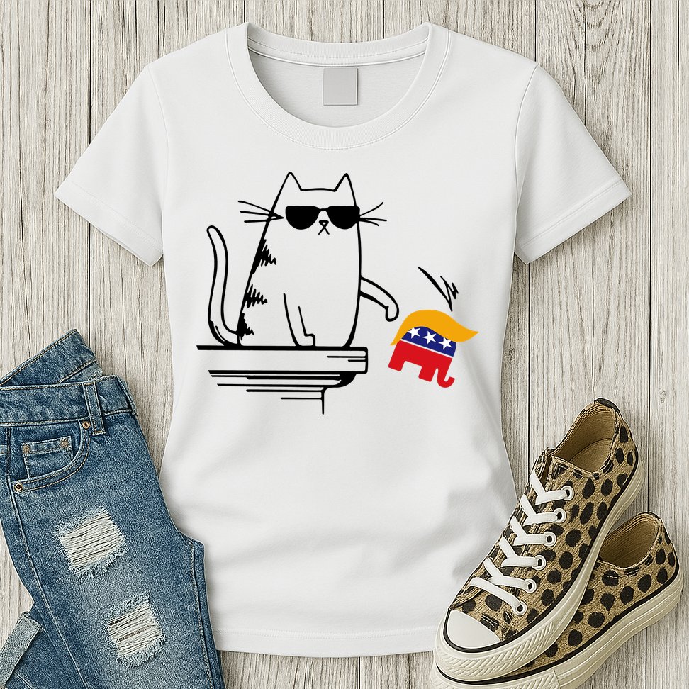 Cool Cat Knock Over Trump Elephant Hair 2024 Harris Walz Womens T-Shirt