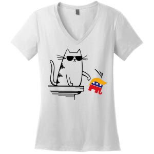 Cool Cat Knock Over Trump Elephant Hair 2024 Harris Walz Women's V-Neck T-Shirt