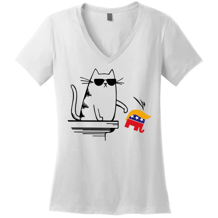 Cool Cat Knock Over Trump Elephant Hair 2024 Harris Walz Women's V-Neck T-Shirt