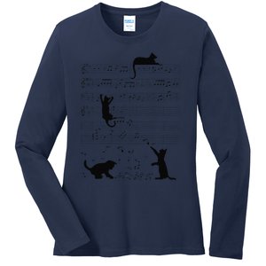 Cute Cat Kitty Playing Music Note Clef Musician Art Ladies Long Sleeve Shirt