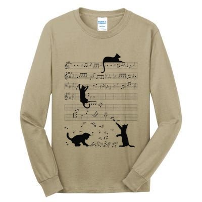 Cute Cat Kitty Playing Music Note Clef Musician Art Tall Long Sleeve T-Shirt