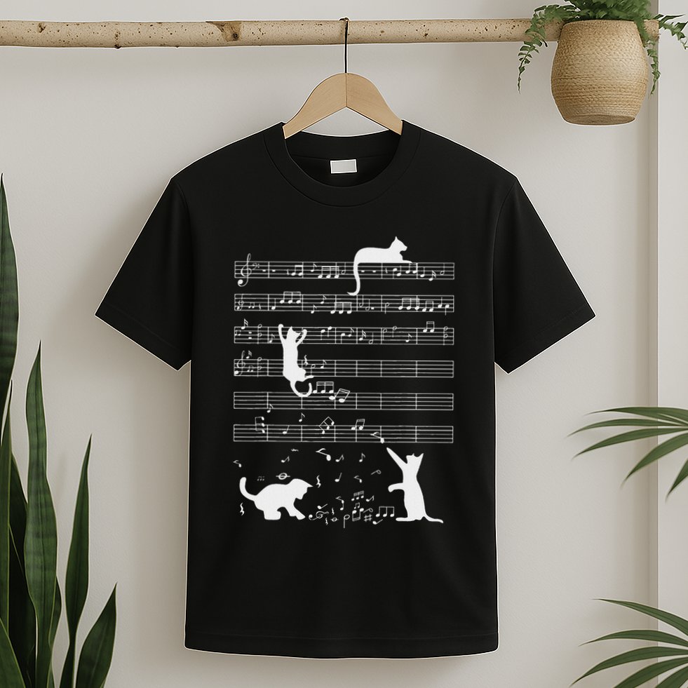 Cute Cat Kitty Playing Music Note Funny Clef Musician Art T-Shirt