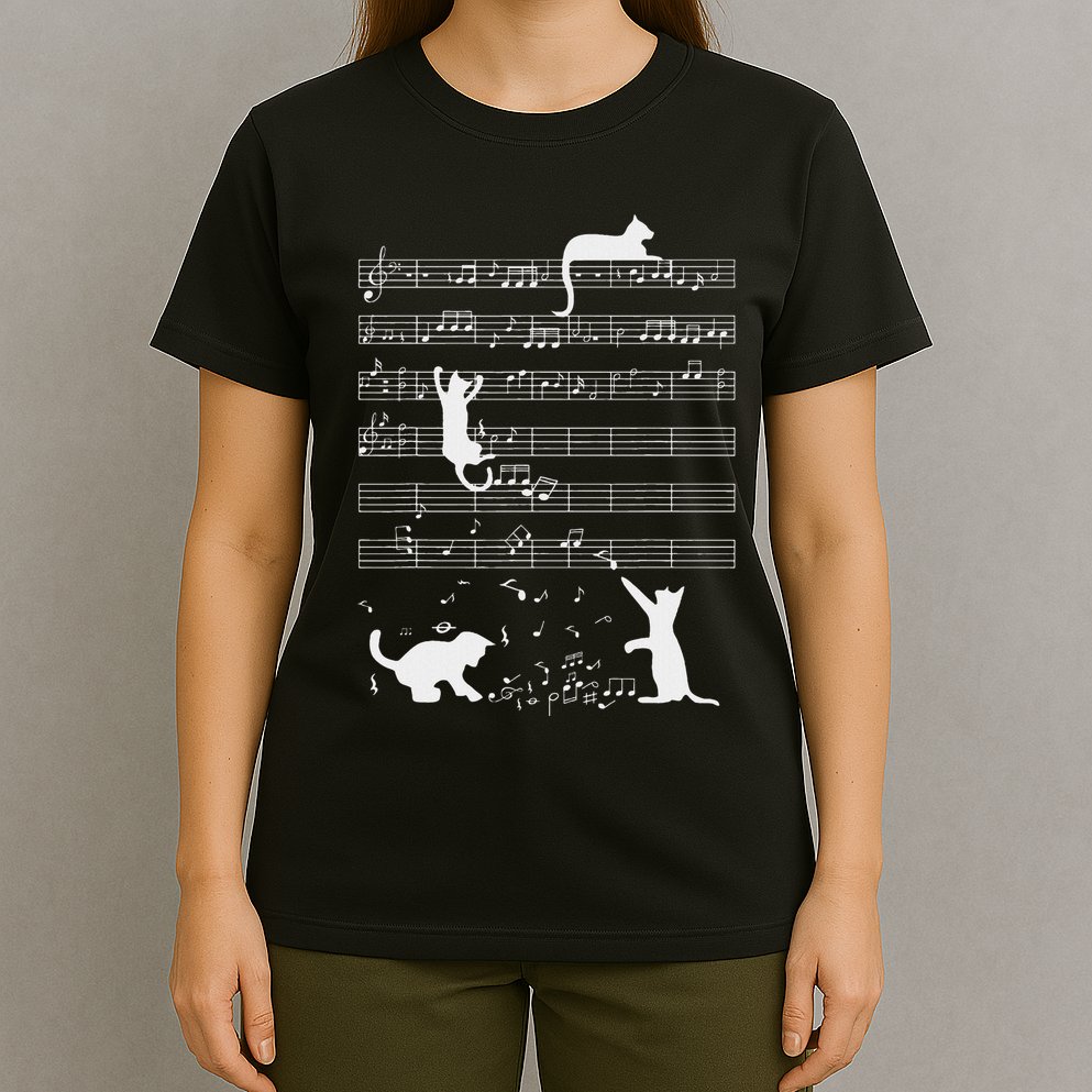 Cute Cat Kitty Playing Music Note Funny Clef Musician Art T-Shirt