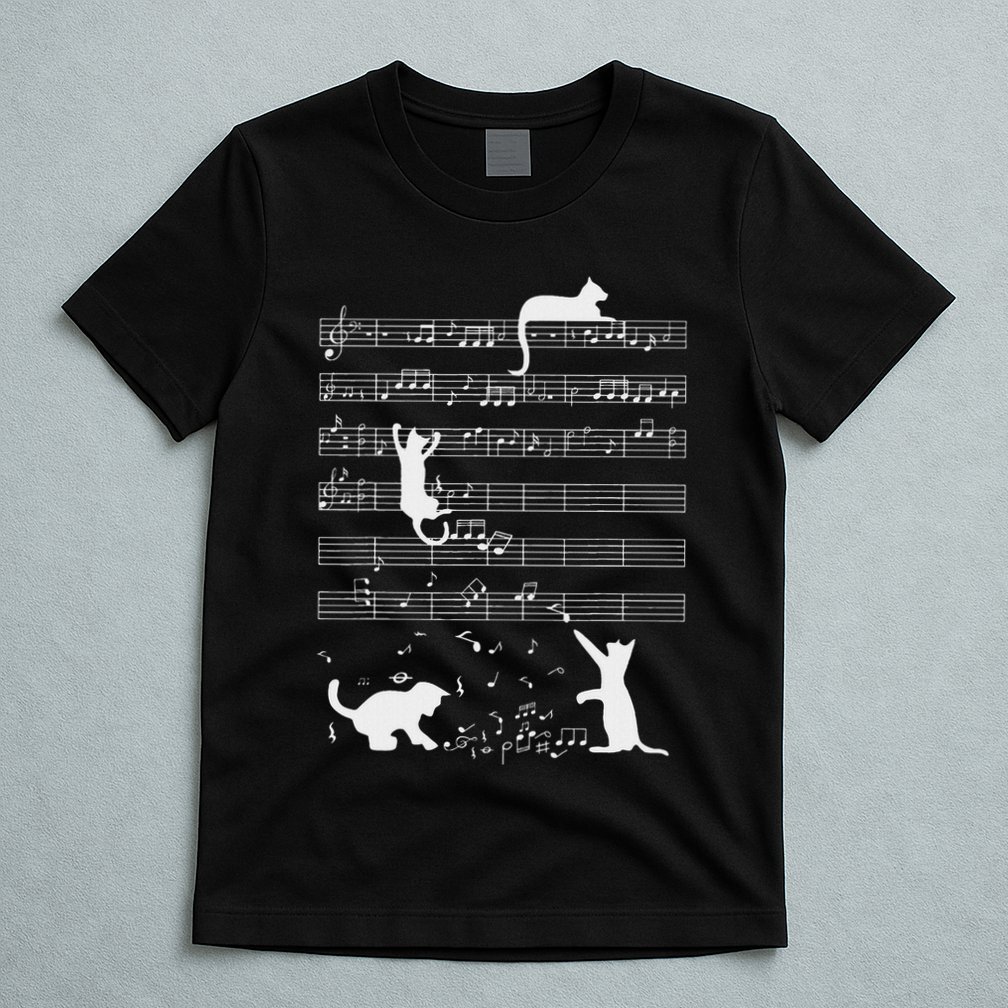 Cute Cat Kitty Playing Music Note Funny Clef Musician Art T-Shirt