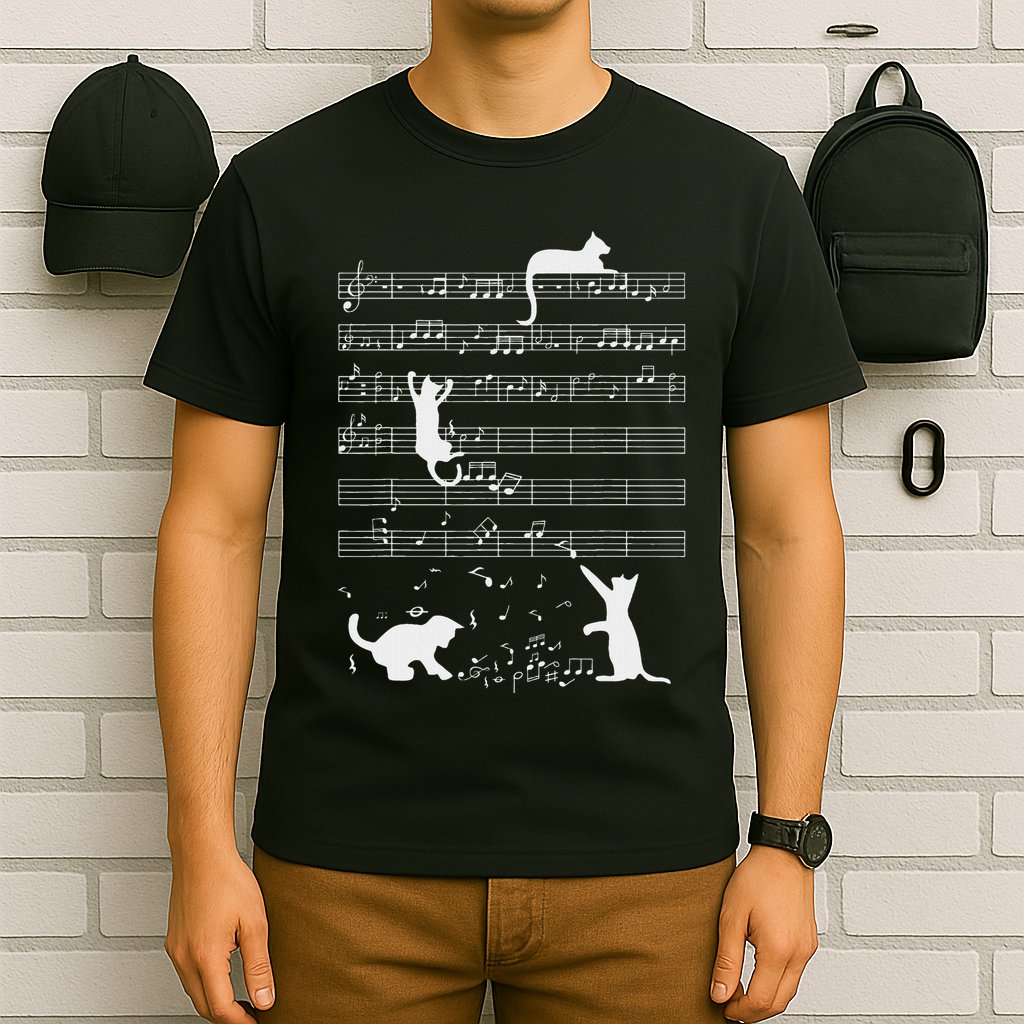 Cute Cat Kitty Playing Music Note Funny Clef Musician Art T-Shirt
