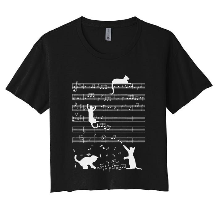 Cute Cat Kitty Playing Music Note Funny Clef Musician Art Women's Crop Top Tee