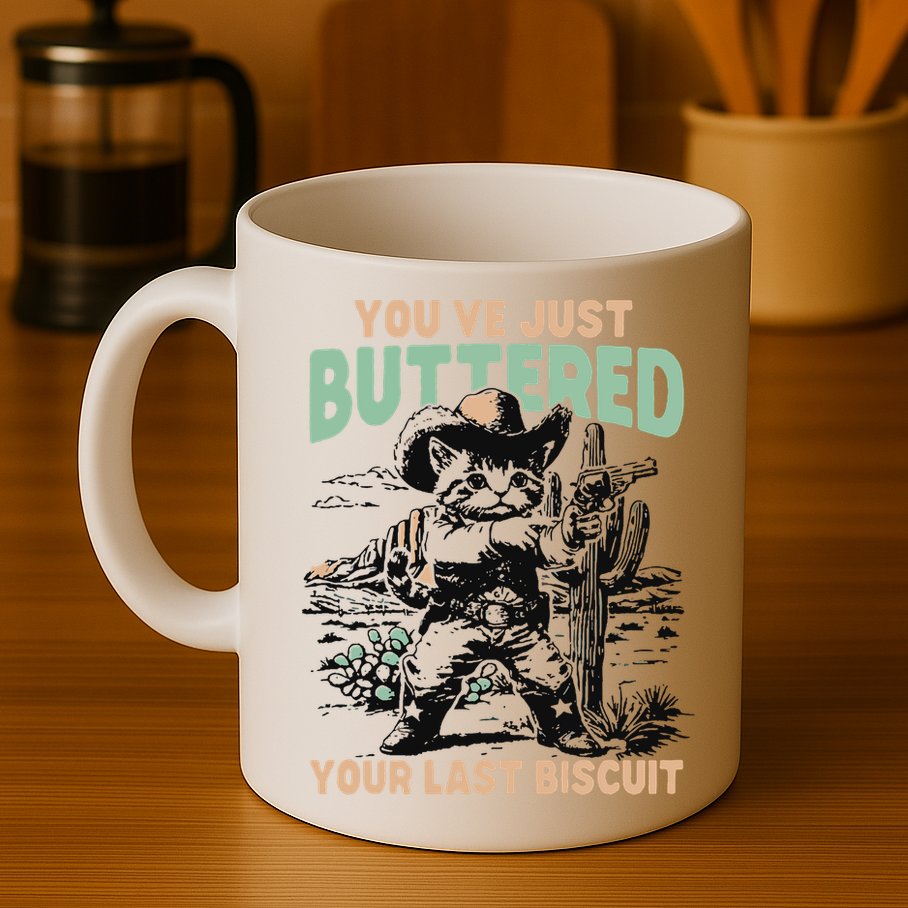 Cute Cowboy Kitten YouVe Just Buttered Your Last Biscuit Mug