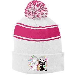 Cute Cat Kitty Playing Music Note Clef Musician Art Stripe Pom Pom Beanie