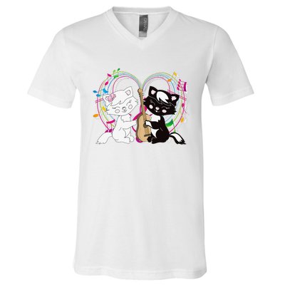 Cute Cat Kitty Playing Music Note Clef Musician Art V-Neck T-Shirt