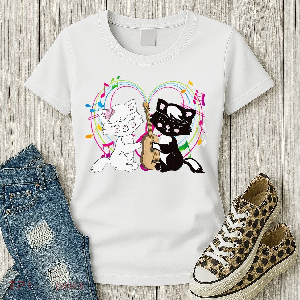 Cute Cat Kitty Playing Music Note Clef Musician Art Womens T-Shirt