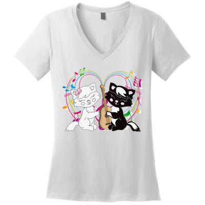 Cute Cat Kitty Playing Music Note Clef Musician Art Women's V-Neck T-Shirt