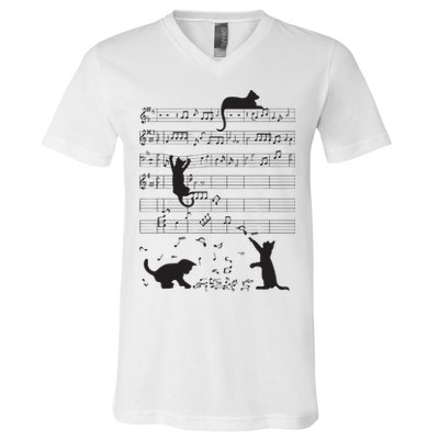 Cute Cat Kitty Playing Music Note Clef Musician Art V-Neck T-Shirt
