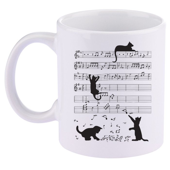 Cute Cat Kitty Playing Music Note Clef Musician Art 11oz C Handle Ceramic Mug