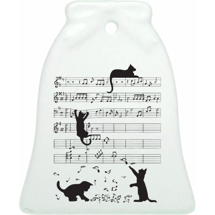 Cute Cat Kitty Playing Music Note Clef Musician Art Ceramic Bell Ornament