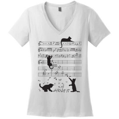 Cute Cat Kitty Playing Music Note Clef Musician Art Women's V-Neck T-Shirt
