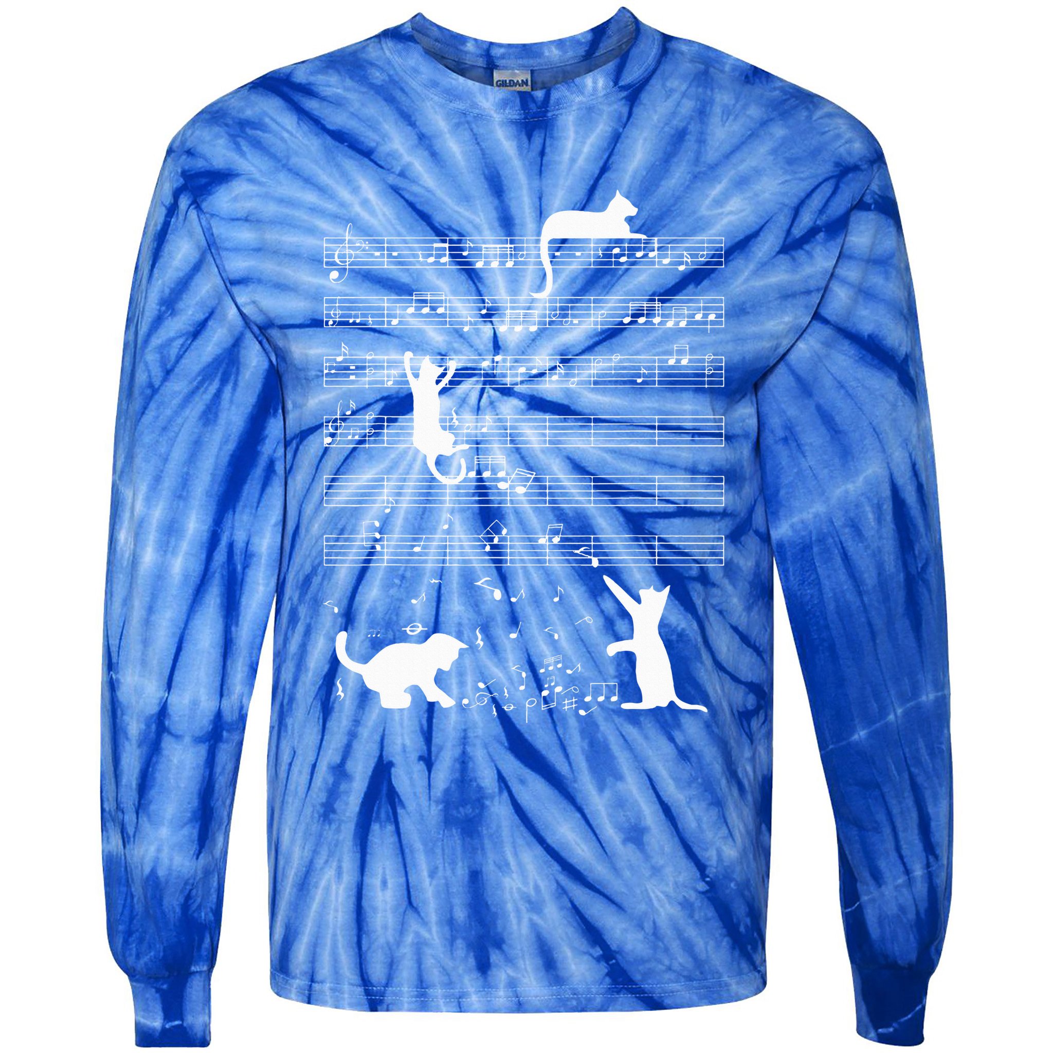 Cute Cat Kitty Playing Music Note Tie-Dye Long Sleeve Shirt