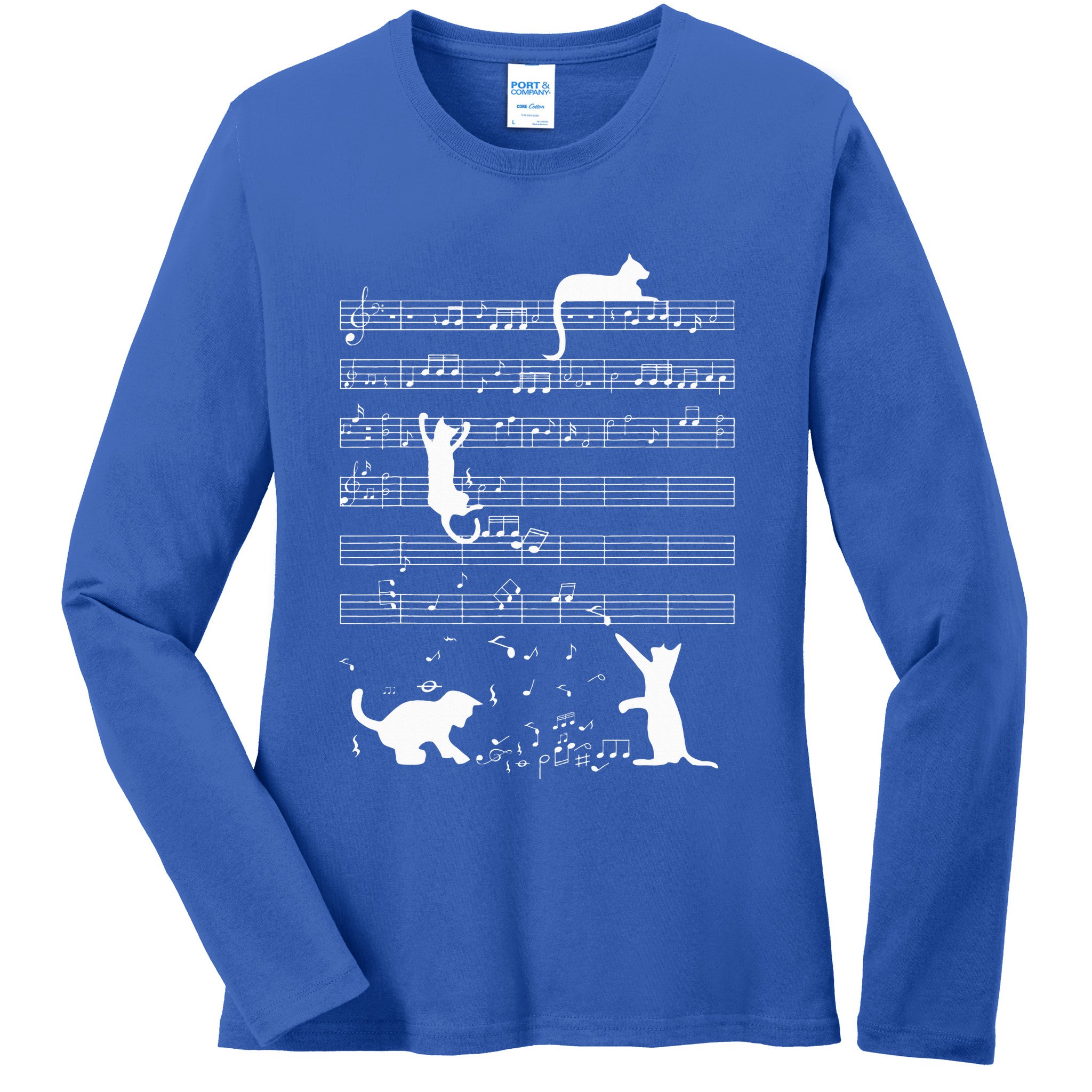 Cute Cat Kitty Playing Music Note Ladies Long Sleeve Shirt