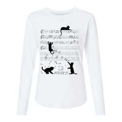 Cute Cat Kitty Playing Music Note Clef Musician Art Womens Cotton Relaxed Long Sleeve T-Shirt