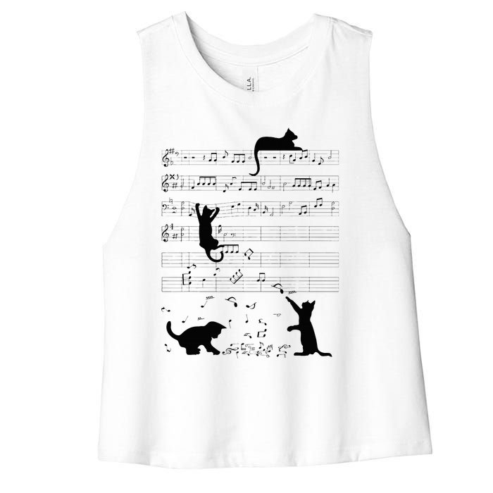 Cute Cat Kitty Playing Music Note Clef Musician Art Women's Racerback Cropped Tank