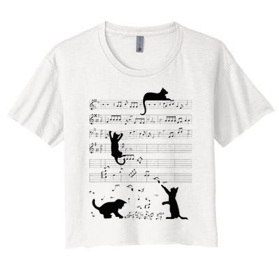 Cute Cat Kitty Playing Music Note Clef Musician Art Women's Crop Top Tee