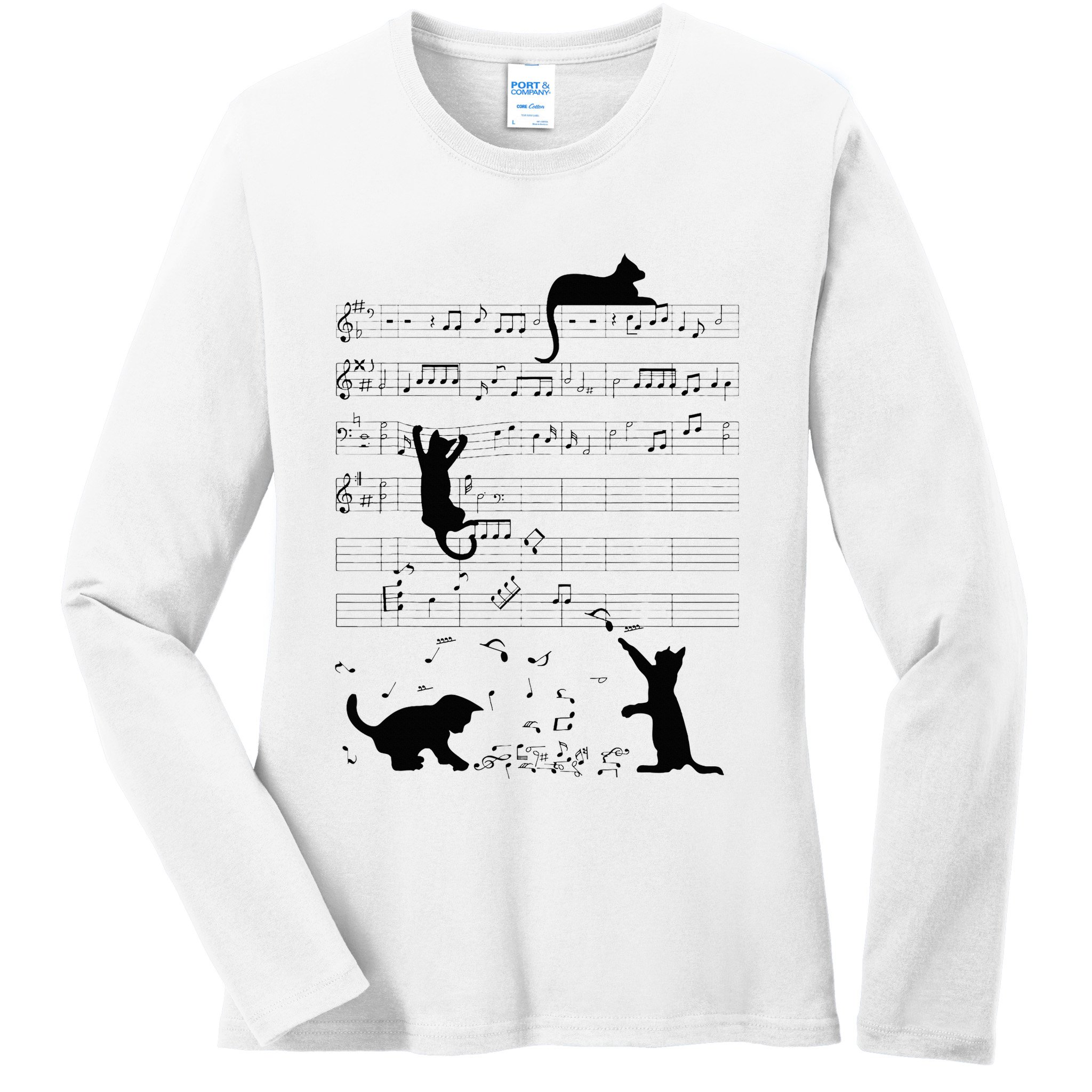 Cute Cat Kitty Playing Music Note Clef Musician Art Ladies Long Sleeve Shirt
