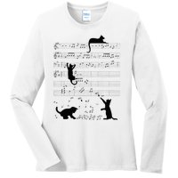 Cute Cat Kitty Playing Music Note Clef Musician Art Ladies Long Sleeve Shirt